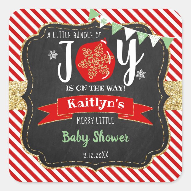 "Little Bundle Of Joy" Christmas Baby Shower Square Sticker (Front)