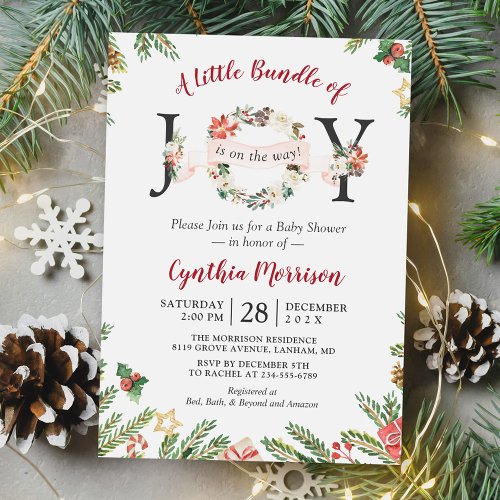 Little Bundle of JOY Christmas Floral Baby Shower Invitation