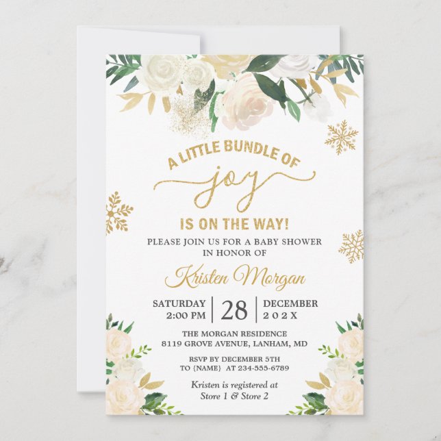 Little Bundle of Joy Gold Floral Baby Shower Invitation (Front)