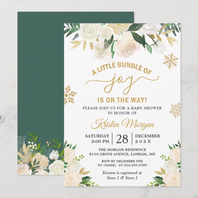 Little Bundle of Joy Gold Floral Baby Shower Invitation (Front/Back)