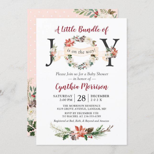 Little Bundle of JOY Poinsettia Floral Baby Shower Invitation (Front/Back)
