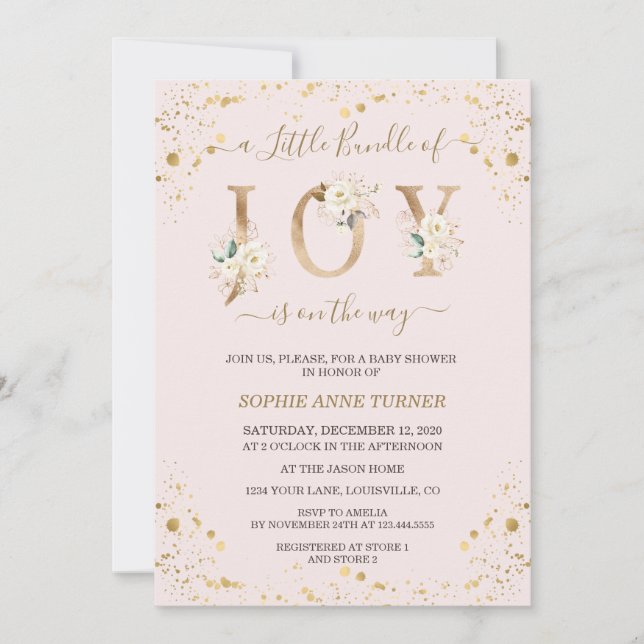 Little Bundle Of Joy White Gold Floral Baby Shower Invitation (Front)