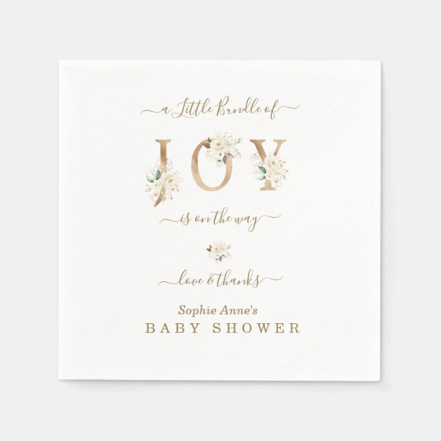Little Bundle Of Joy White Gold Floral Baby Shower Napkins (Front)