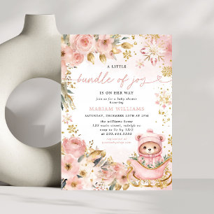 Little Bundle Pink Floral Bear Baby Shower Invitation