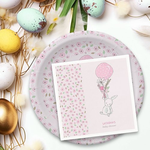Little Bunny and Balloon Girly Pink Baby Shower Napkins