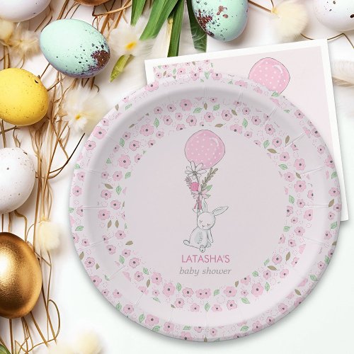 Little Bunny and Balloon Pink Girl Baby Shower Paper Plates