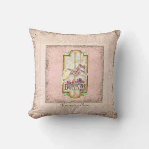 Little Bunny Baby Girl Circus Carousel Vintage Art Throw Pillow