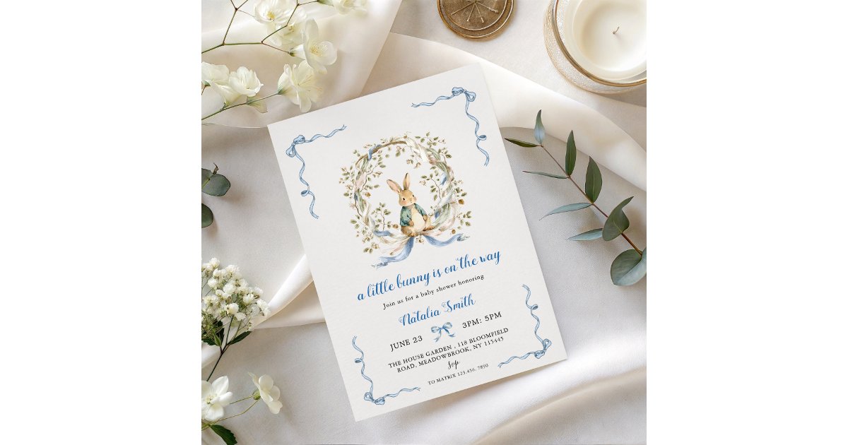 Little Bunny Baby Shower Invite | Blue Bow Rabbit | Zazzle