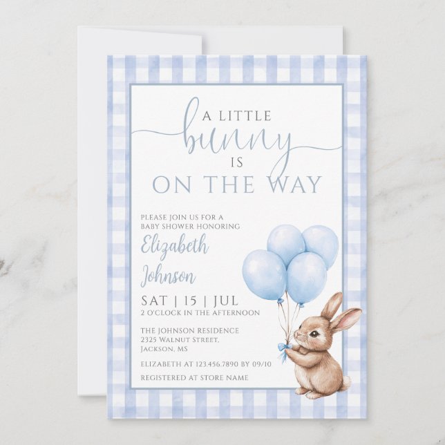 Little Bunny Blue Baby Shower Photo QR Code Invitation (Front)
