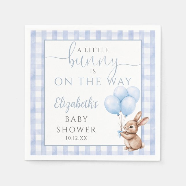 Little Bunny Blue Balloons Boy Baby Shower Napkins (Front)