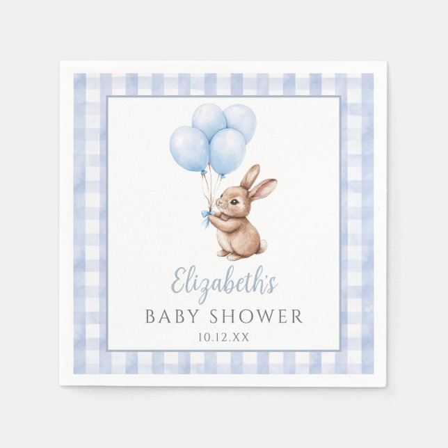 Little Bunny Blue Balloons Boy Baby Shower Napkins (Front)
