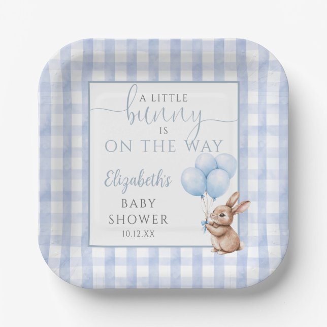 Little Bunny Blue Balloons Boy Baby Shower Paper Plates (Front)