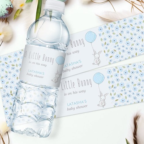 Little Bunny Blue Flower Boy Baby Shower Water Bottle Label