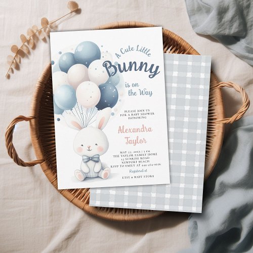 Little Bunny Bow Tie Balloons Navy Baby Boy Shower Invitation
