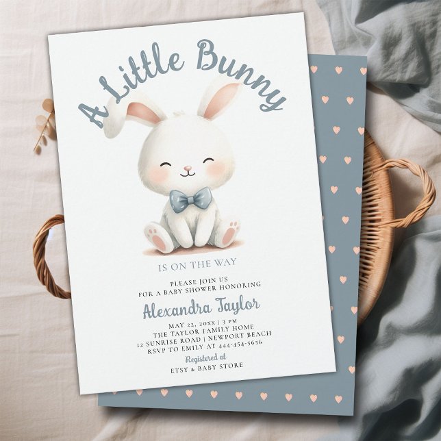 Little Bunny Bow Tie Cute Simple Baby Boy Shower Invitation (a little bunny baby boy shower invitation springtime easter garden picnic dusty blue white cute)
