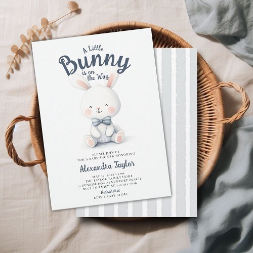 Little Bunny Bow Tie Navy White Baby Boy Shower Invitation