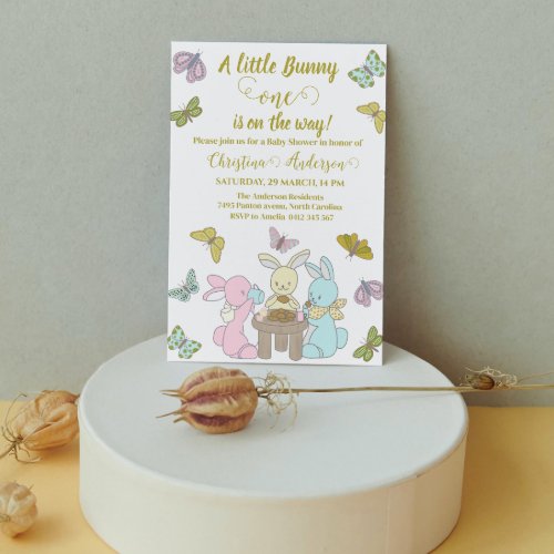 Little Bunny Butterfly One Baby Shower  Invitation