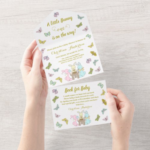 Little Bunny Butterfly One Birthday Baby Shower All In One Invitation