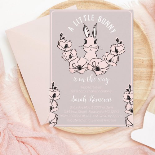 Little Bunny Cute Pink Floral Baby Shower  Invitation