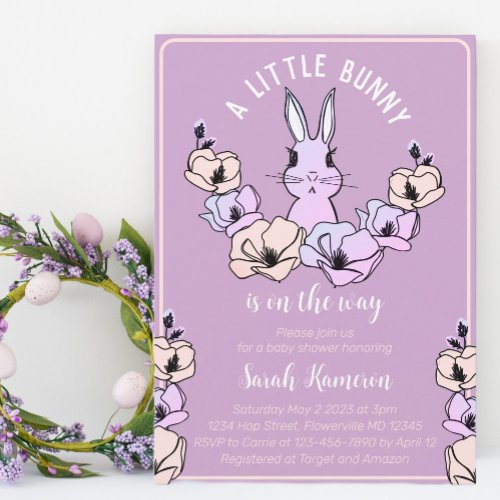 Little Bunny Cute Purple Floral Baby Shower Invitation