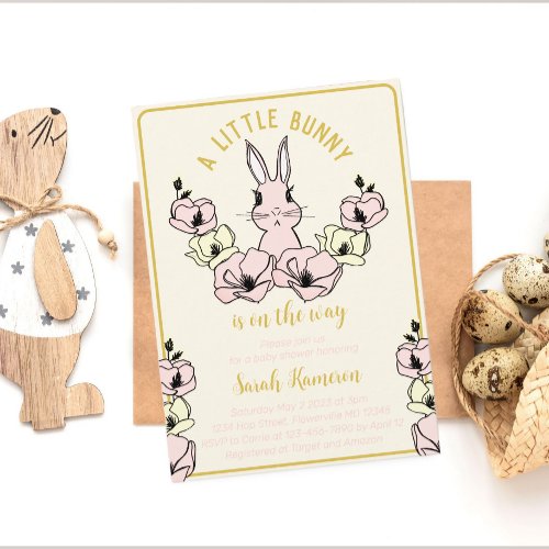 Little Bunny Cute Yellow Floral Baby Shower  Invitation