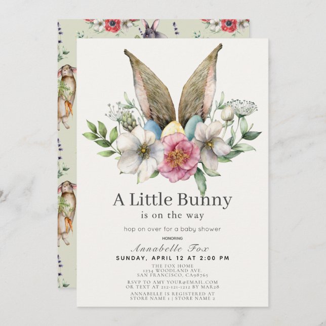 Little Bunny Ear Floral Green Baby Shower Invitation (Front/Back)