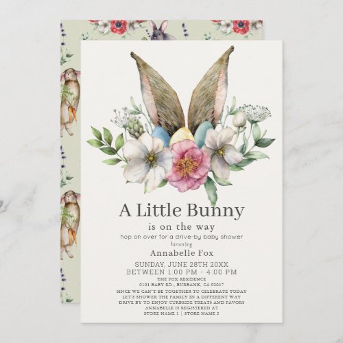 Little Bunny Ear Floral Green Drive_by Baby Shower Invitation