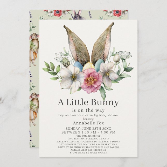 Little Bunny Ear Floral Green Drive-by Baby Shower Invitation (Front/Back)