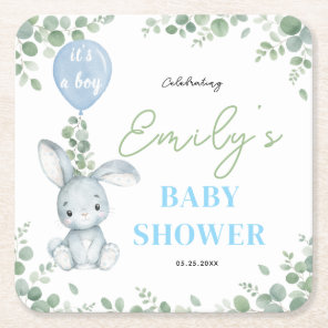 Little Bunny Eucalyptus Watercolor Baby Boy Shower Square Paper Coaster