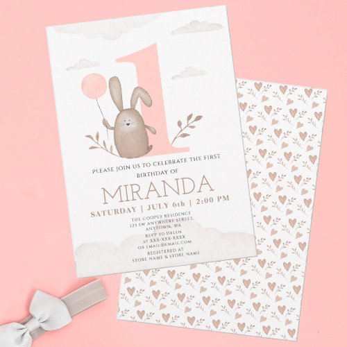 Little bunny First Birthday Party Watercolor Invitation