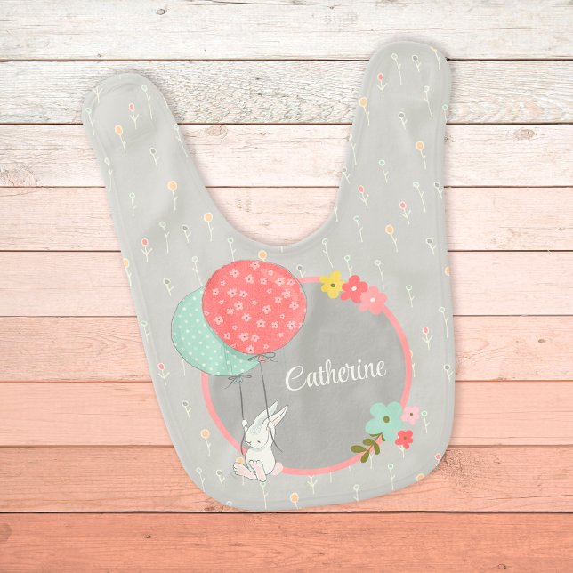 Little Bunny flying with balloons personalized Baby Bib (Creator Uploaded)