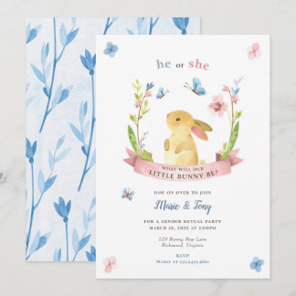 Little Bunny Gender Reveal Invitation, He or She Invitation
