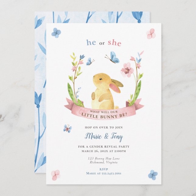 Little Bunny Gender Reveal Invitation, He or She Invitation (Front/Back)