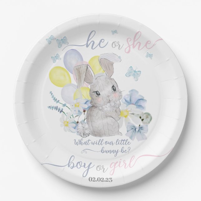 Little bunny gender reveal party plate. paper plat plates (Front)