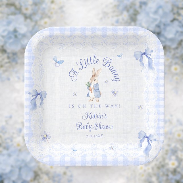 Little Bunny Gingham Blue Baby Shower Paper Plates (Creator Uploaded)