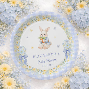 Little Bunny Gingham Boy Baby Shower Paper Plates