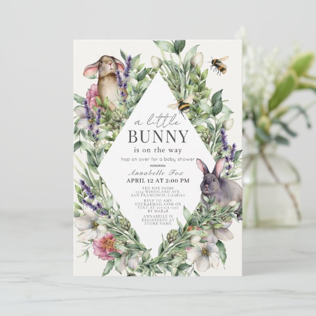 Little Bunny Greenery Rhombus Baby Shower Invitation (Standing Front)