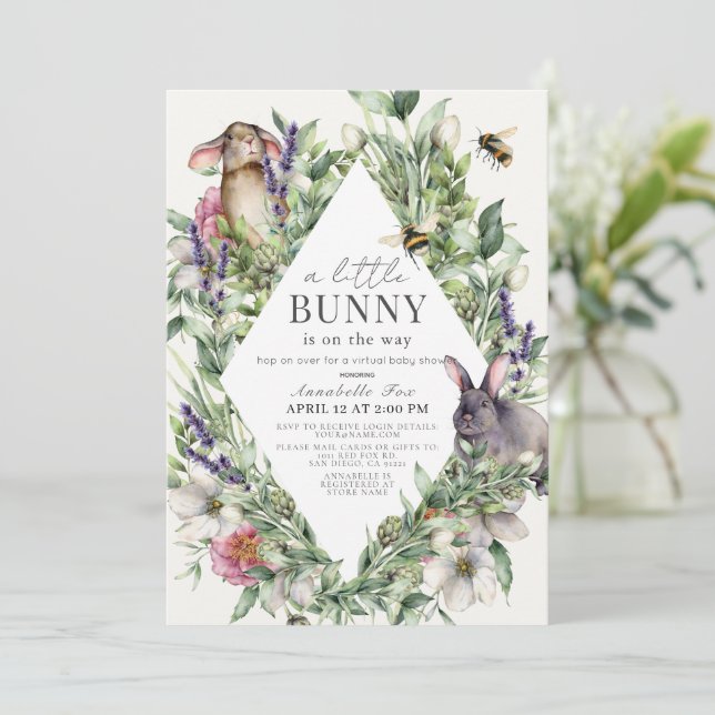 Little Bunny Greenery Rhombus Virtual Baby Shower Invitation (Standing Front)
