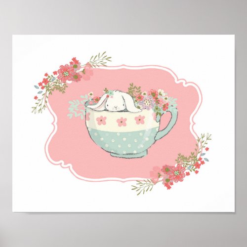 Little Bunny in a Teacup Pink Nursery Art Poster