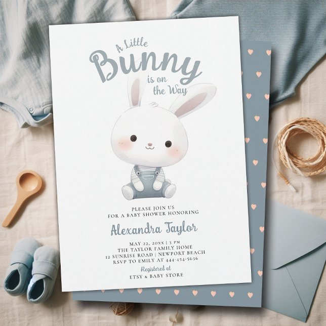 Little Bunny Overalls Cute Garden Baby Boy Shower Invitation (a little bunny baby boy shower invitation springtime easter garden picnic dusty blue overalls sweet)