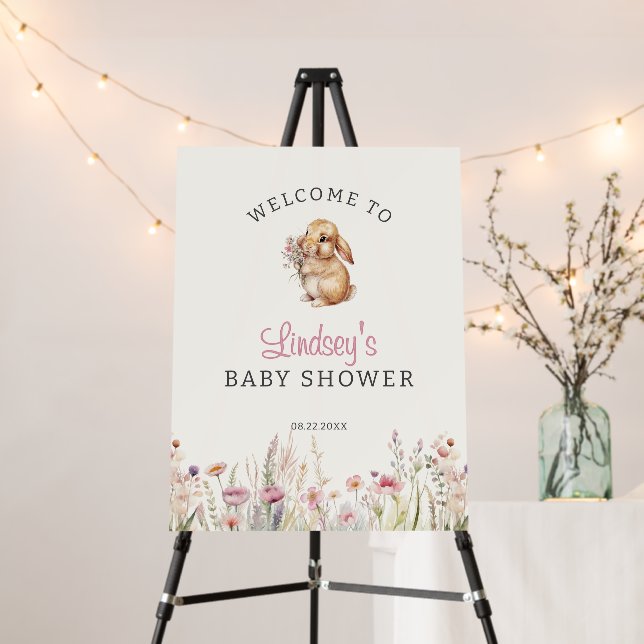 Little Bunny Pastel Floral Baby Shower Welcome Foam Board (In Situ (Stand))