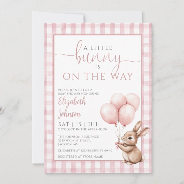 Little Bunny Pink Balloons Girl Baby Shower  Invitation (Front)