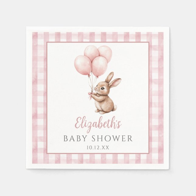 Little Bunny Pink Balloons Girl Baby Shower Napkins (Front)