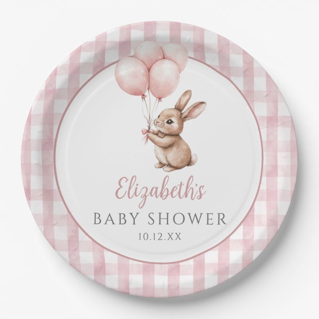 Little Bunny Pink Balloons Girl Baby Shower Paper Plates (Front)