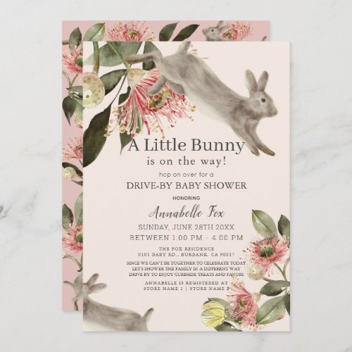 Little Bunny Pink Floral Girl Drive_by Baby Shower Invitation