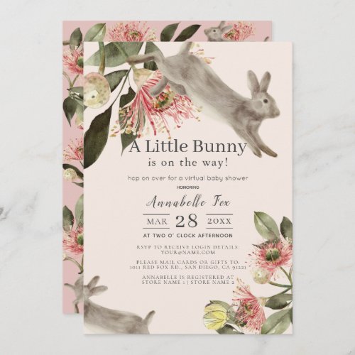 Little Bunny Pink Floral Girl Virtual Baby Shower Invitation