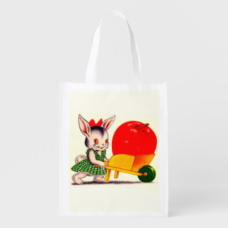 little bunny pushing cart with great big apple grocery bag