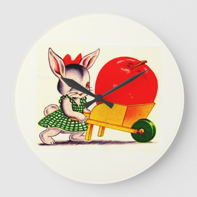 little bunny pushing cart with great big apple large clock (Front)