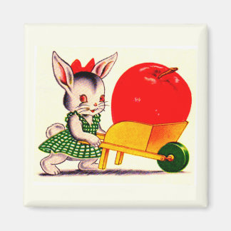 little bunny pushing cart with great big apple magnet