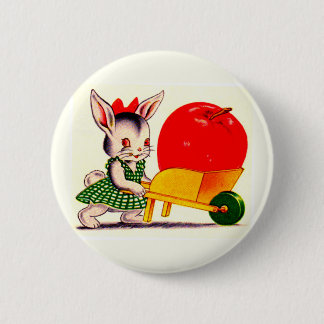 little bunny pushing cart with great big apple pinback button